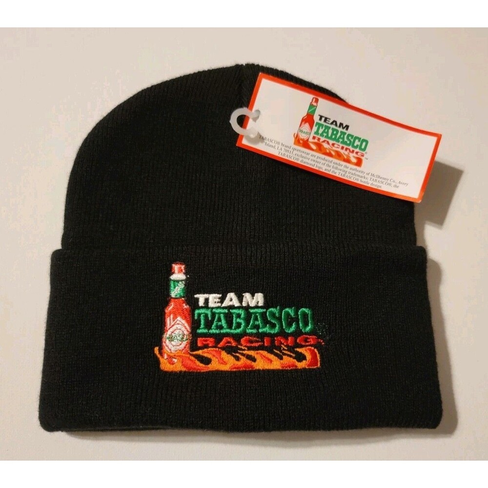 Team Tabasco Racing Beanie NASCAR Black Flame Logo Cuffed Cap Hat Vtg NWT - Picture 1 of 5